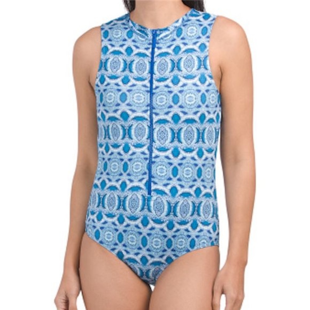 Cabana Life Blue Road Map Front Zip Unisuit One Piece Swim Size Large